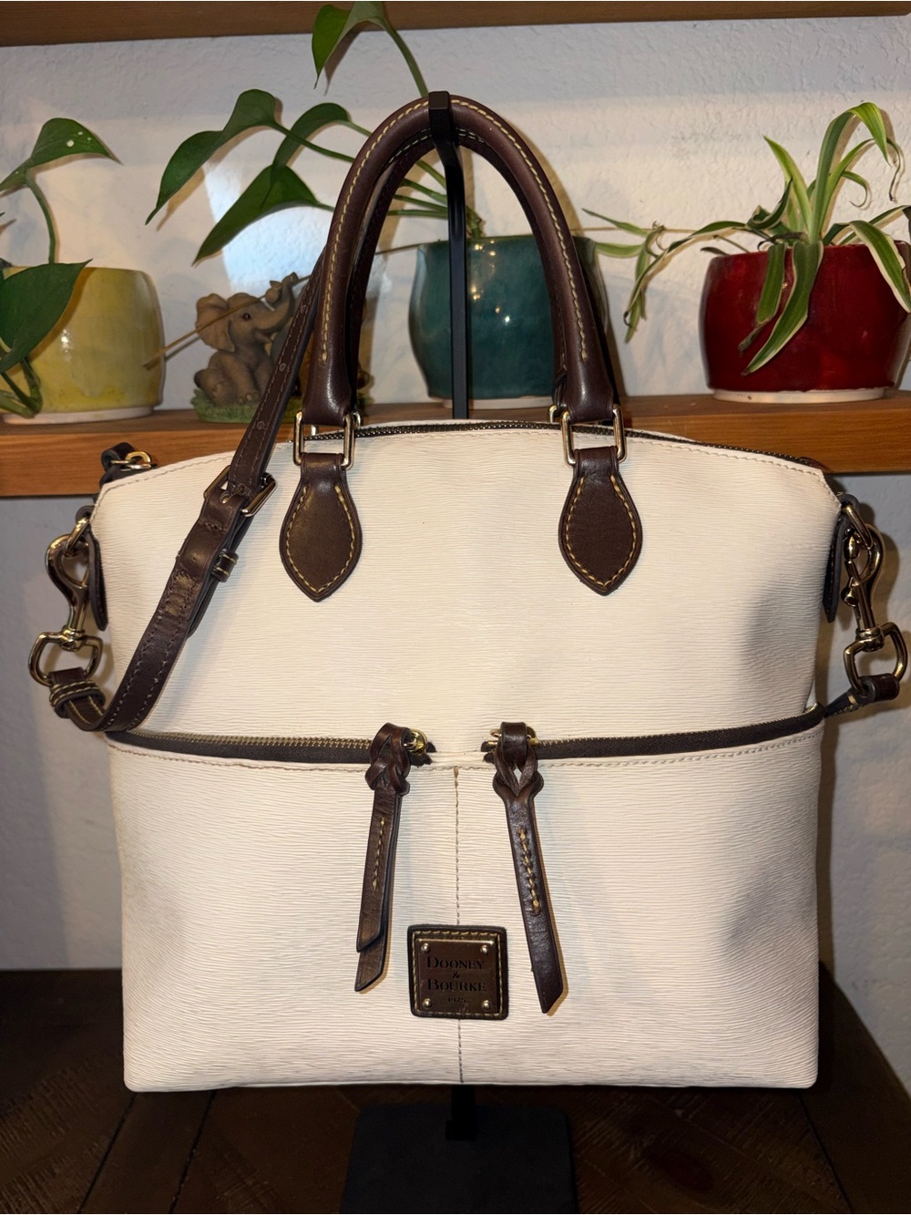 Dooney & Bourke Cream and Brown Leather Satchel with Top Handles